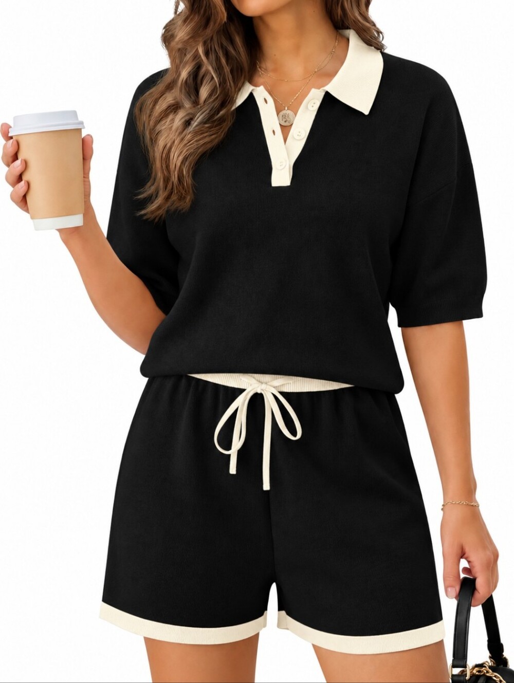 TANKANEO Black Cream Knit Polo Top & Shorts Matching Set NWT Size Small
